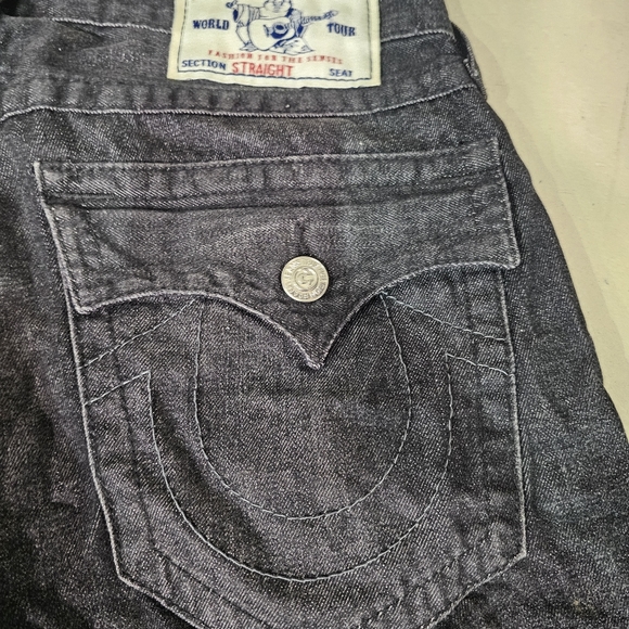 True Religion Straight Leg Jeans Size 32" Inseam 32" Black w/Black Stitch - Picture 12 of 16